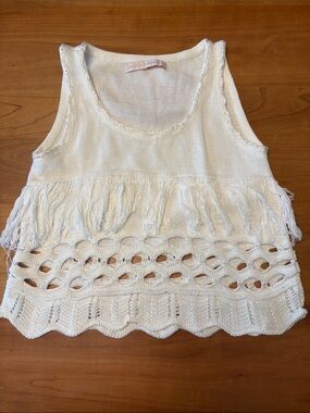 Maria Pavan White Crochet Fringe Tank Top - Size S